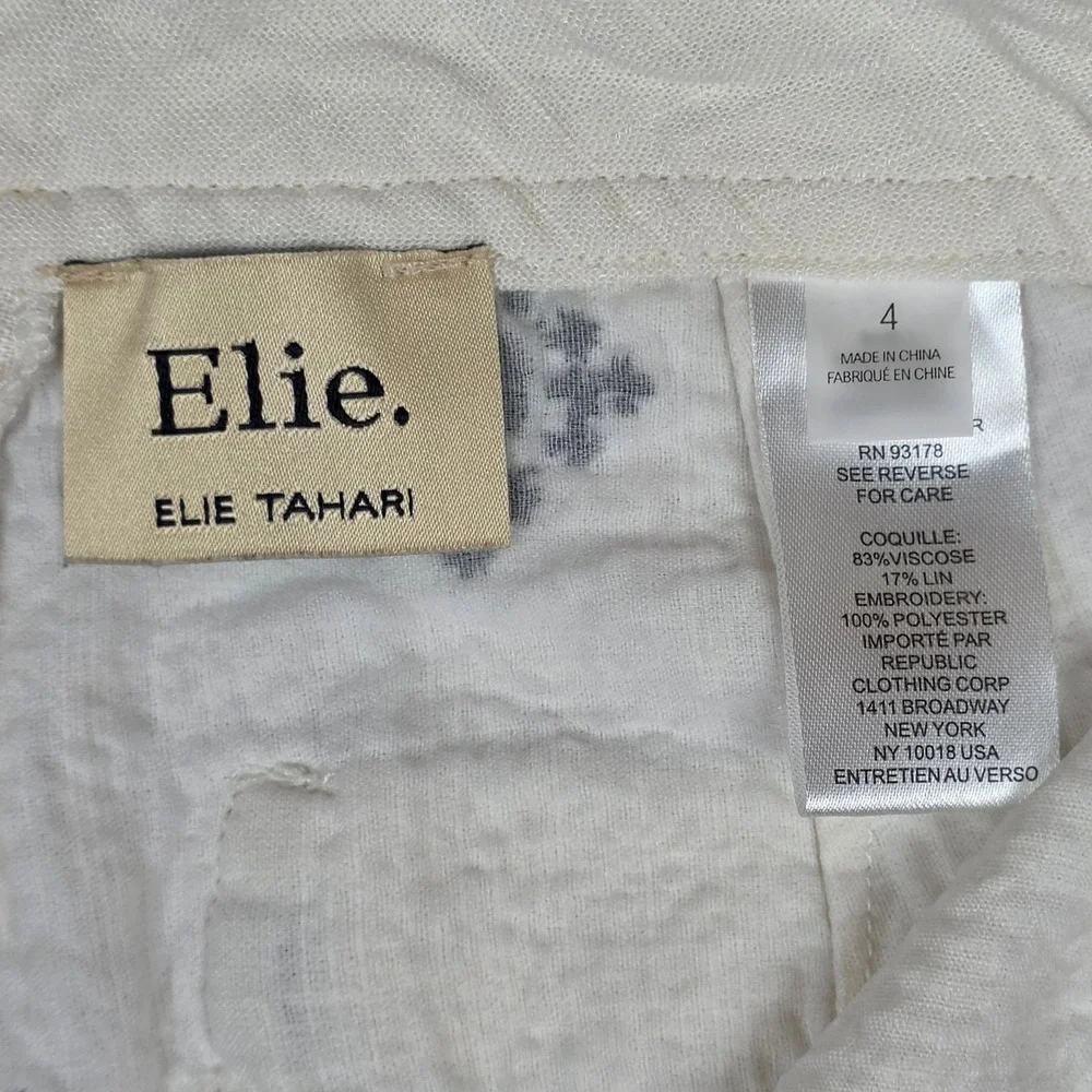 Elie Tahari Linen Blend Wide Leg Pants Womens 4 Embroidered  White Black